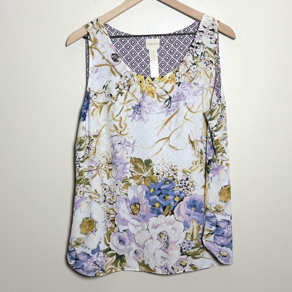 Chico's Womens Tank Top 2 Purple Floral Geometric Reversible Sleeveless V-Neck